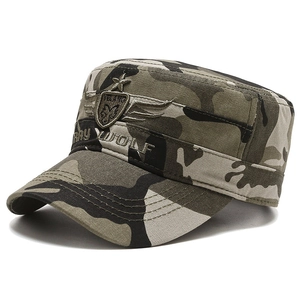 Men's camouflage flat top military cap with Gray Wolf shield embroidery in woodland print