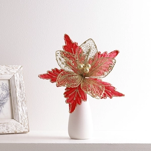 Red and gold 24cm artificial poinsettia flower in white vase for Christmas tree decor