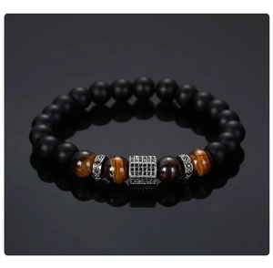Detailed view of matte black beads and tiger eye stones with crystal micro-pave hex beads
