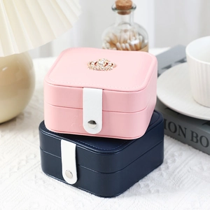 Dual-layer crown jewelry box with mirror, pink and navy blue leather storage organizers