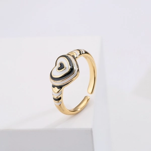18K gold plated heart enamel ring in black and white with an adjustable open band design