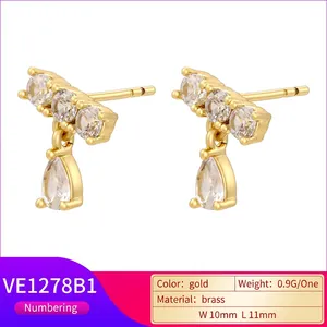 18K gold plated brass drop earrings with cubic zirconia fringe and size details
