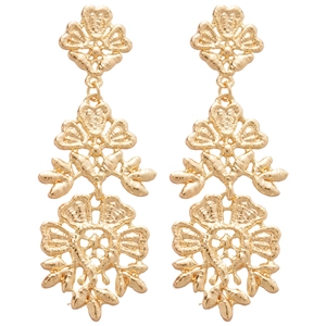 Golden hollow flower tassel earrings with vintage hammered metal texture for women