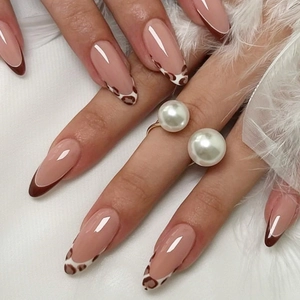 French Tip Almond Press On Nails Leopard Pattern Nude Brown Glossy Artificial False Nail Tips Removable Elegant Women