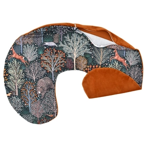 Detail of U-shaped nursing pillow cover with forest animal print and orange plush back