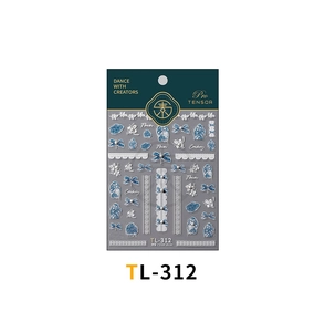 Detailed 3D embossed nail stickers featuring blue flowers and lace patterns (Model TL-312)