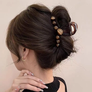 Large gradient brown hair claw clip with cat-eye beads for thick hair styling