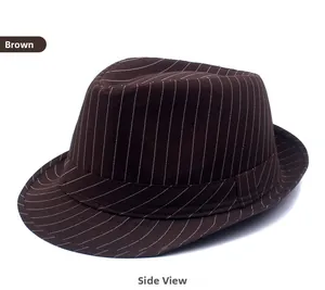 Side view of a brown pinstripe fedora hat with a classic dented crown and narrow brim