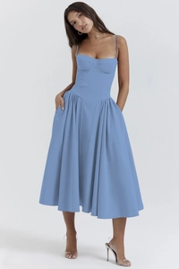French vintage blue midi dress with adjustable straps, cinched waist and side pockets