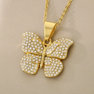 Exquisite gold stainless steel butterfly necklace with shimmering pavé crystal pendant