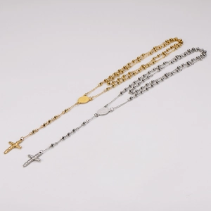 Collier chapelet en acier inoxydable 304 avec pendentif croix et perles en or et argent