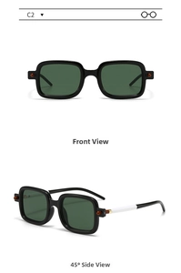 Front and 45-degree side view of vintage black square sunglasses with green lenses