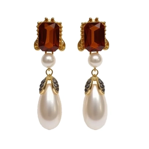 Vintage gold drop earrings with red square crystal and teardrop pearls for women