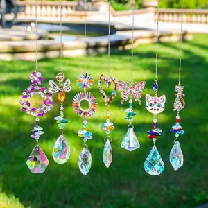 Crystal Suncatcher Hanging Ornament Rainbow Maker Prism Pendant For Window Garden Decoration Butterfly Heart Cat Rhinestone