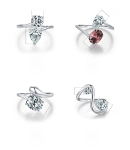 Macro shot of S925 sterling silver rings with cubic zirconia and smooth liquid textures