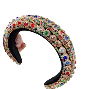 Baroque retro headband with colorful rhinestones on black velvet base for vintage luxury style