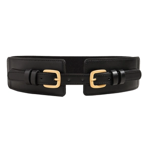 Elegant wide elastic waist belt with double gold buckles for women dresses and coats