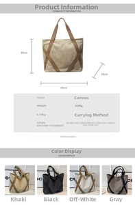 Detailed dimension chart and color variants of the canvas tote bag for women