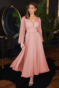 Detailed pleats of an elegant V-neck long-sleeve evening gown in dusty pink chiffon