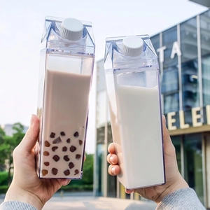 1000ml square milk carton shaped water bottle in transparent plastic with white screw cap