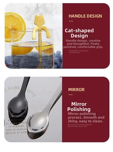 Macro detail of cat-shaped 304 stainless steel coffee spoons with mirror polish finish