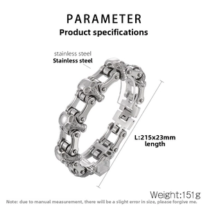 Detail of silver stainless steel skull bracelet with chunky motor chain link texture