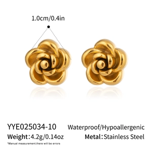Detail view of gold rose stud earrings with size and hypoallergenic stainless steel material