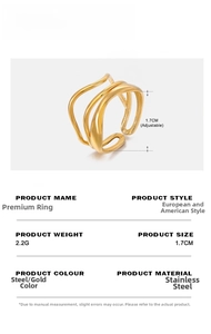 Detail view of triple-layered wavy stainless steel ring with 1.7cm adjustable diameter