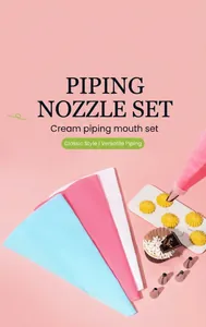 Detail view of colorful silicone piping bags and stainless steel nozzles for cake decor