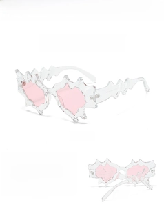 Three-angle views of irregular wave-shaped heart sunglasses in transparent pink finish