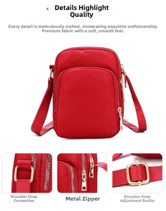 Detailed view of red nylon crossbody bag with three zipper layers and gold hardware