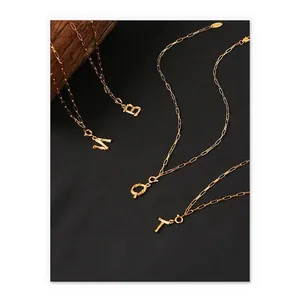 Gold plated brass bamboo texture 26 letters alphabet pendant necklace for women