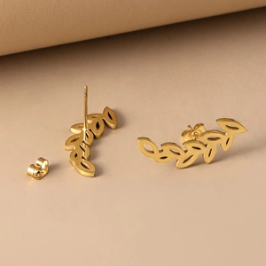 Minimalist golden leaf earrings set made of polished stainless steel for women