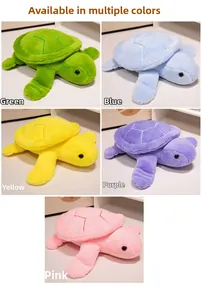 Detailed close-up showing soft plush turtle toys in green, blue, yellow, purple, and pink