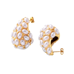 Vintage gold plated titanium steel teardrop earrings with elegant white pearls for women