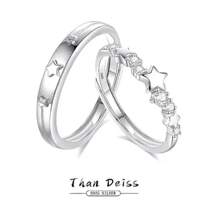 Romantic Star Couple Rings 925 Sterling Silver Cubic Zirconia Adjustable Open Rings For Lovers Anniversary Gift