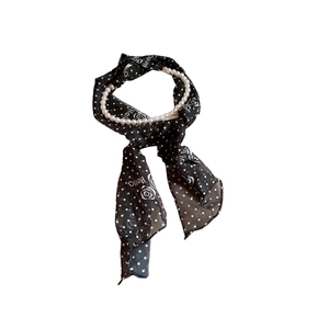 Elegant polka dot silk scarf necklace with pearl beads and rose floral pattern