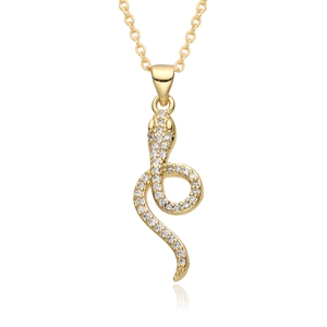Close-up of golden S-shaped snake pendant with micro-paved sparkling cubic zirconia