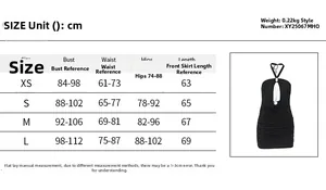 Size chart table for the backless mini dress with bust and waist measurements in cm