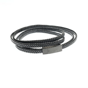 Vintage black braided leather bracelet for men featuring a magnetic metal clasp