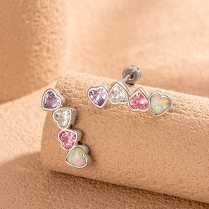 Silver titanium steel stud earrings with colorful heart-shaped cubic zirconia stones