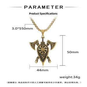 Detailed view of Viking axes shield pendant with dimensions 44x50mm and 550mm chain