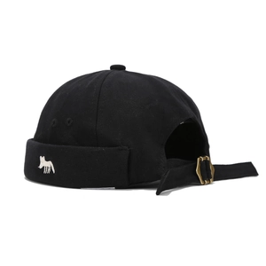Classic black canvas docker hat with white fox embroidery and adjustable metal strap back