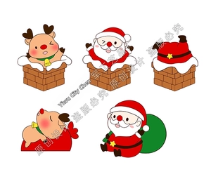 Detail of five 2D Christmas resin ornaments featuring Santa and reindeer in various poses