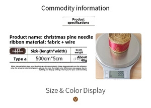 Detailed chart showing 500cm x 5cm Christmas glitter leaf ribbon dimensions and weight