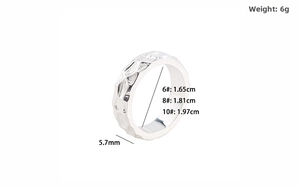Size guide for stainless steel ring showing width of 5.7mm and inner diameter chart
