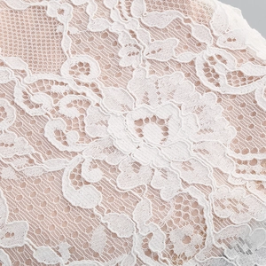 Gros plan détaillé sur la dentelle florale blanche avec doublure nude et broderie fine