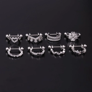 Set of 8 silver stainless steel cartilage earrings with white zircon and ball screw backs