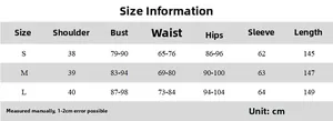 Tabella taglie dettagliata per vestito a maniche lunghe con misure S, M, L in centimetri