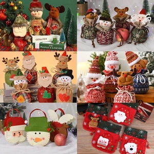 Christmas Gift Bags Candy Apple Pouch Santa Snowman Reindeer Felt Burlap Knit Drawstring Handle Holiday Party Decor Favor